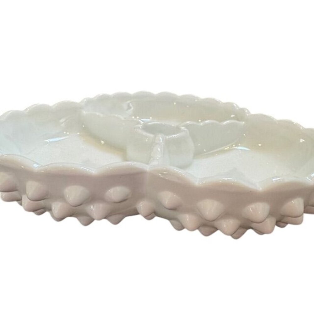 Vintage White Milk Glass Hobnail Divided Serving Dish Scalloped Edge 7.5"